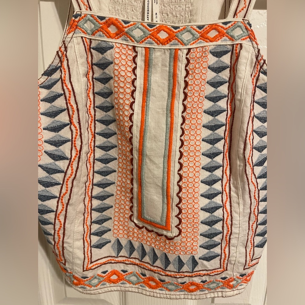 Anthropologie Orange and Blue Embroidered Blouse